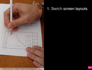 1. Sketch screen layouts. !
                                                  !
                                                   !
                                                 !     !




                                                                          112
Photo courtesy of Diego Pulido and UX Magazine
 