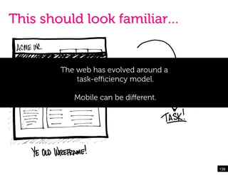 This should look familiar…


       The web has evolved around a
           task-eﬃciency model.

          Mobile can be diﬀerent.




                                      138!
 