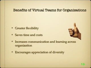 Benefits of Virtual Teams for Organizations Greater flexibility  Saves time and costs Increases communication and learning across organization Encourages appreciation of diversity 13 