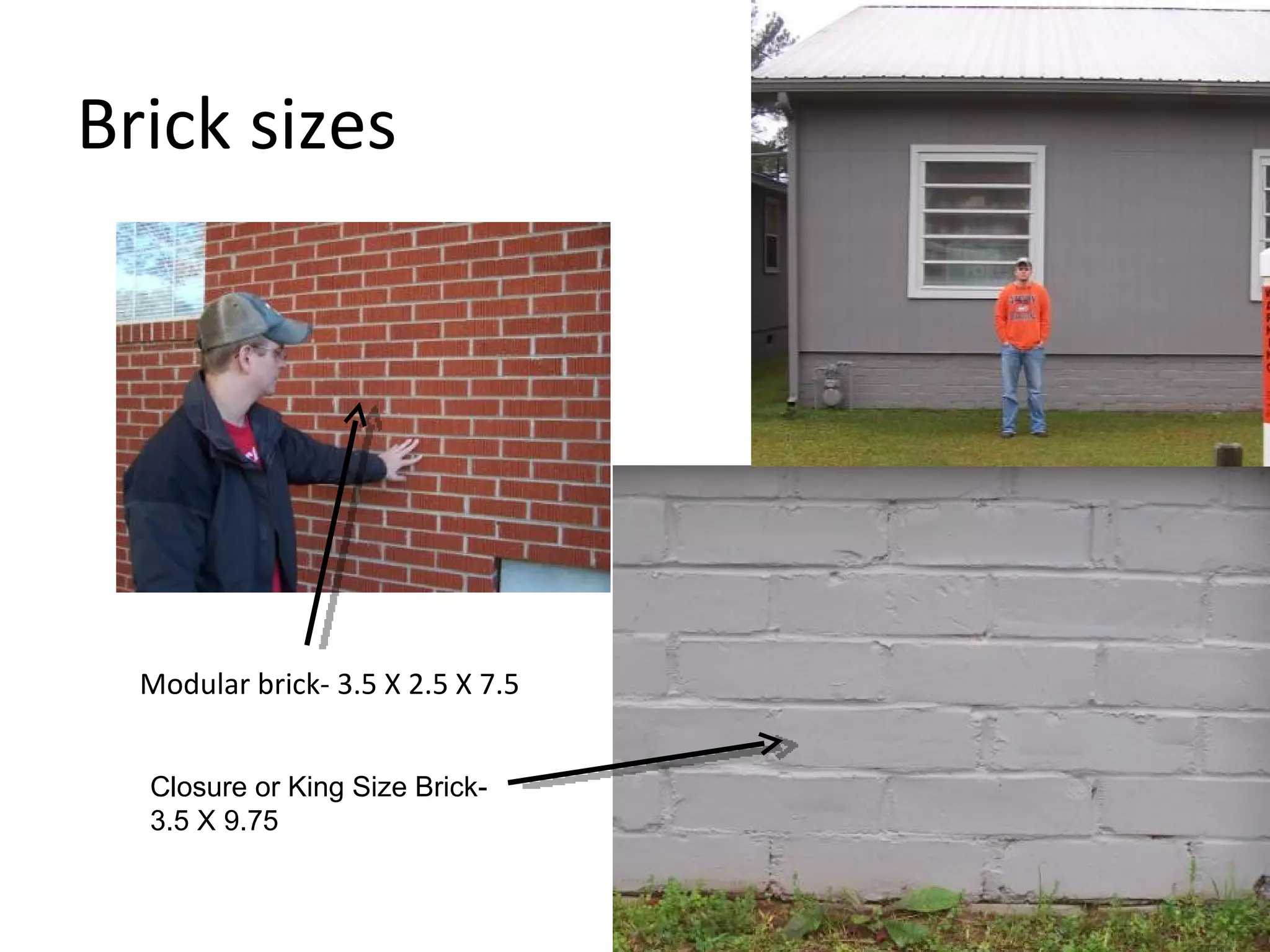 Brick sizes Modular brick- 3.5 X 2.5 X 7.5 Closure or King Size Brick- 3.5 X 9.75 