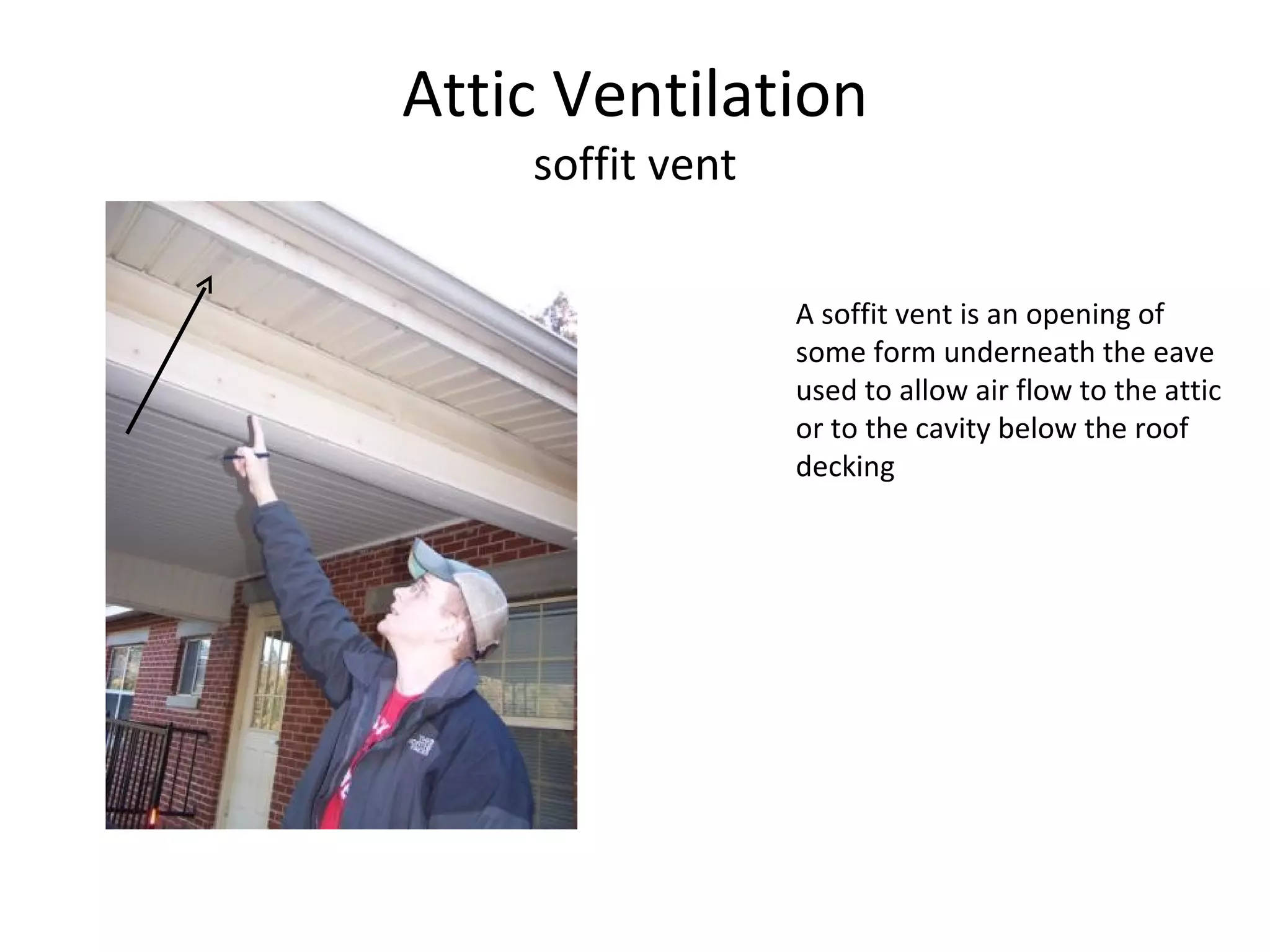 Attic Ventilation soffit vent A soffit vent is an opening of some form underneath the eave used to allow air flow to the attic or to the cavity below the roof decking 