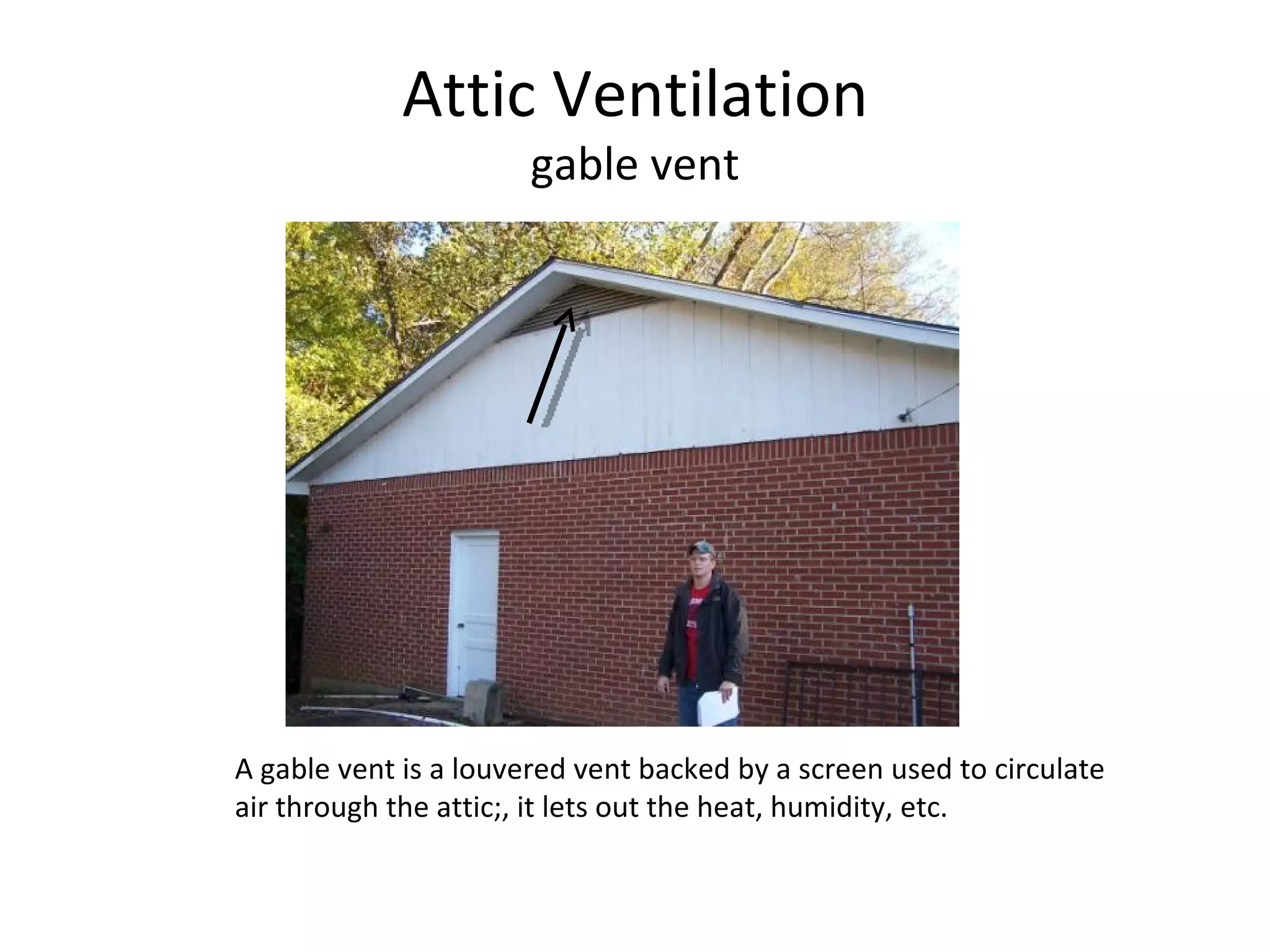 Attic Ventilation gable vent A gable vent is a louvered vent backed by a screen used to circulate air through the attic;, it lets out the heat, humidity, etc. 