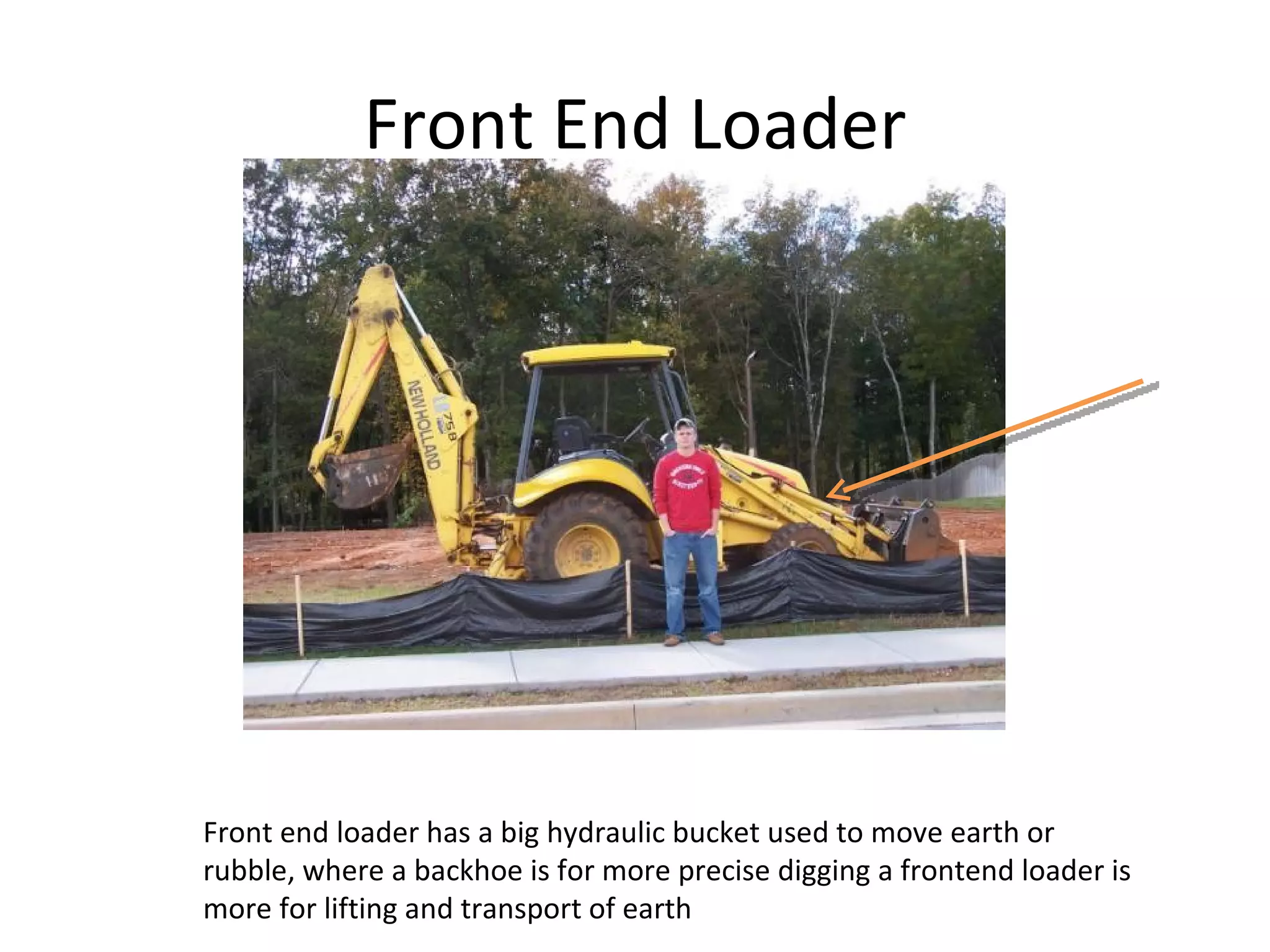 Front End Loader Front end loader has a big hydraulic bucket used to move earth or rubble, where a backhoe is for more precise digging a frontend loader is more for lifting and transport of earth 