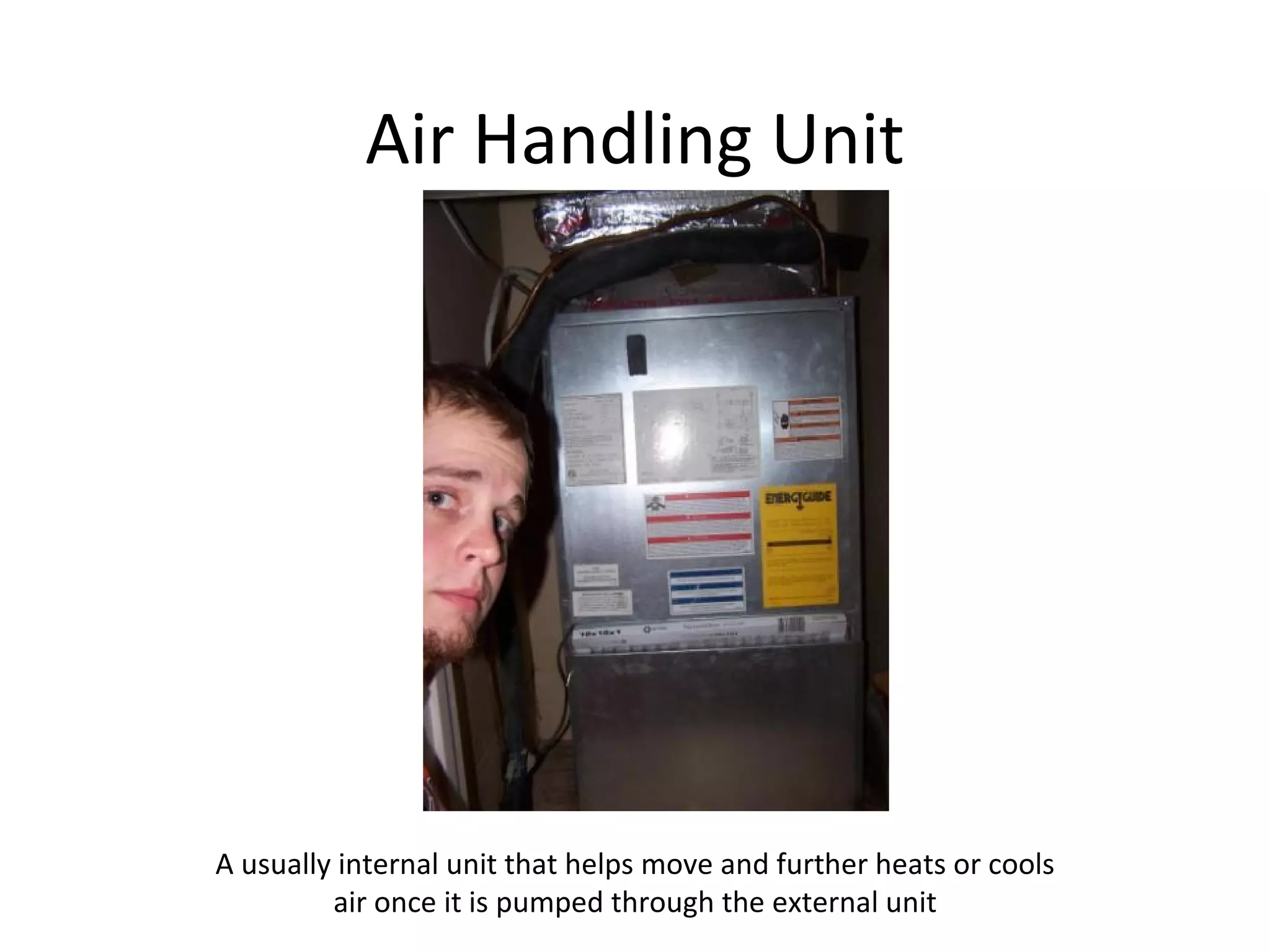 Air Handling Unit A usually internal unit that helps move and further heats or cools air once it is pumped through the external unit 