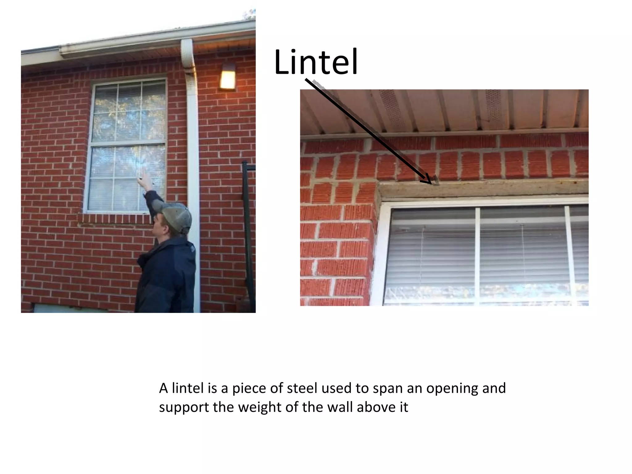 Lintel A lintel is a piece of steel used to span an opening and support the weight of the wall above it 