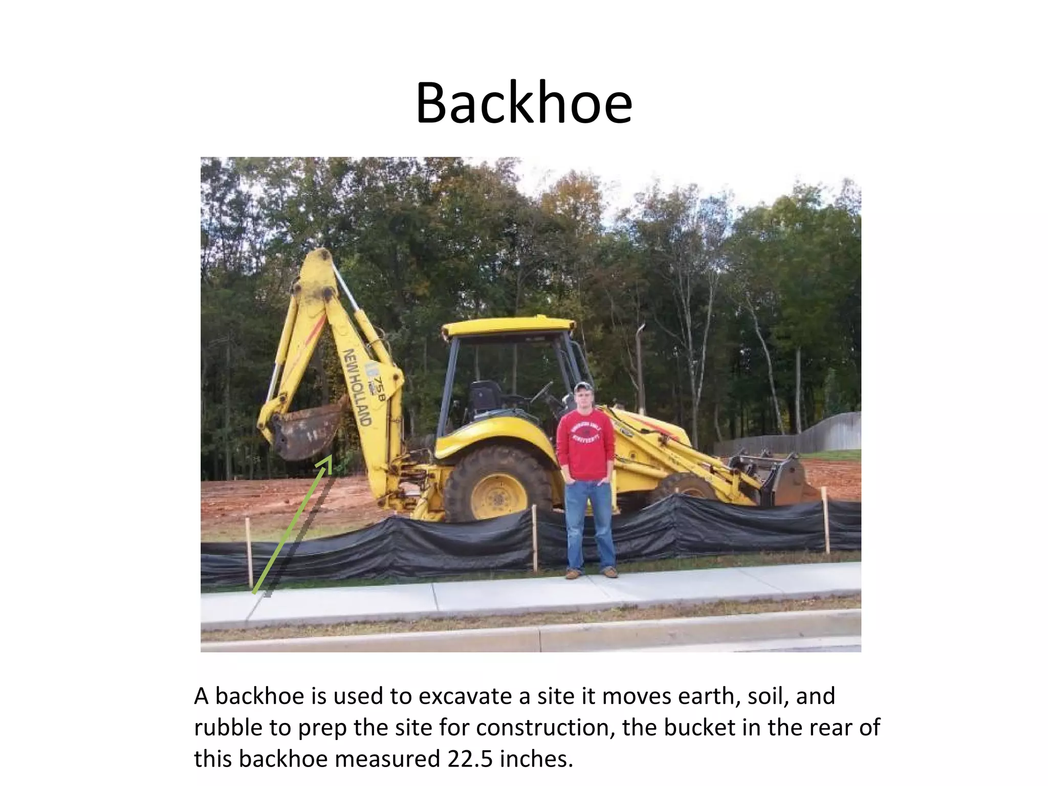 Backhoe A backhoe is used to excavate a site it moves earth, soil, and rubble to prep the site for construction, the bucket in the rear of this backhoe measured 22.5 inches. 