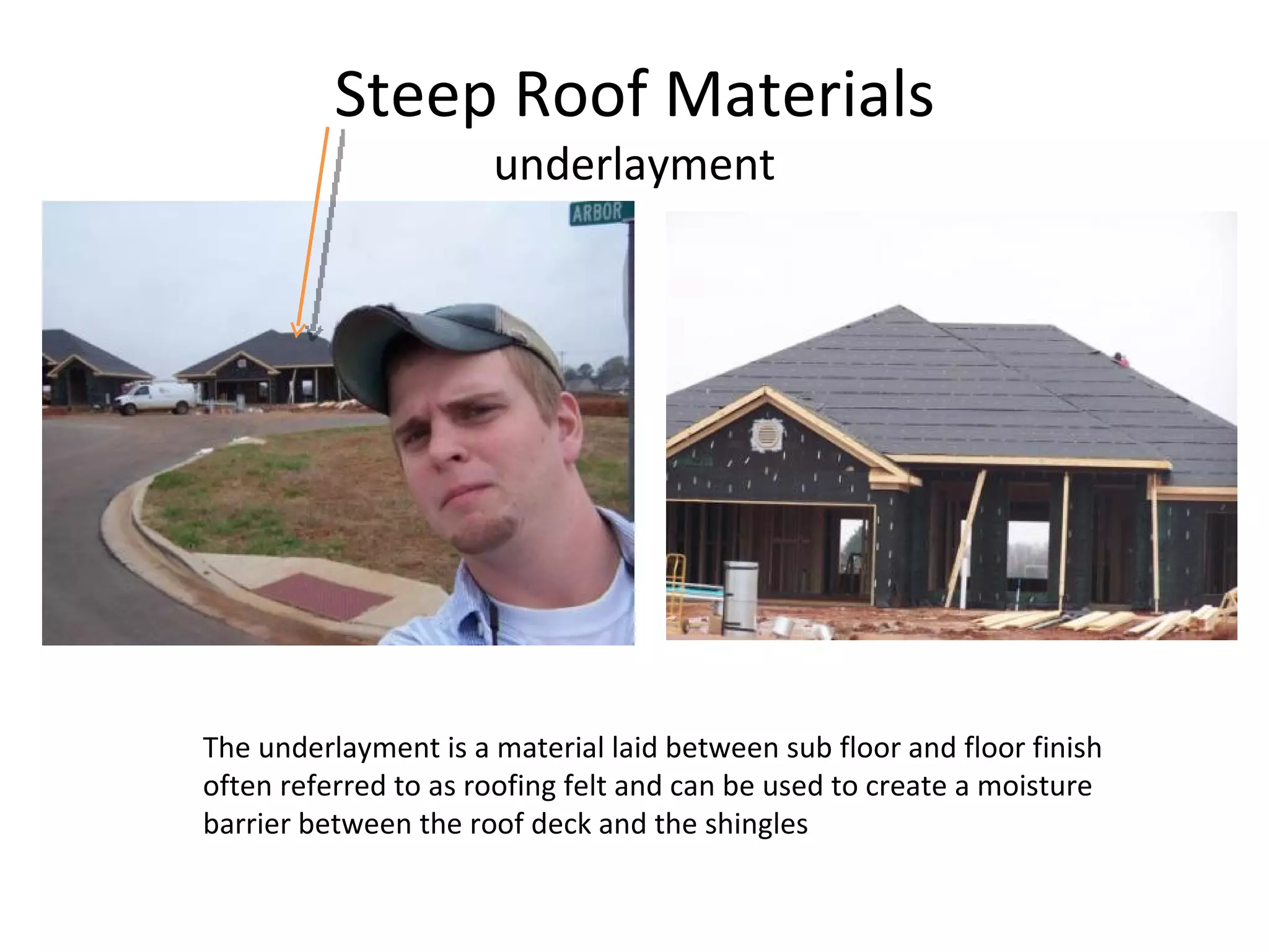 Steep Roof Materials underlayment The underlayment is a material laid between sub floor and floor finish often referred to as roofing felt and can be used to create a moisture barrier between the roof deck and the shingles 