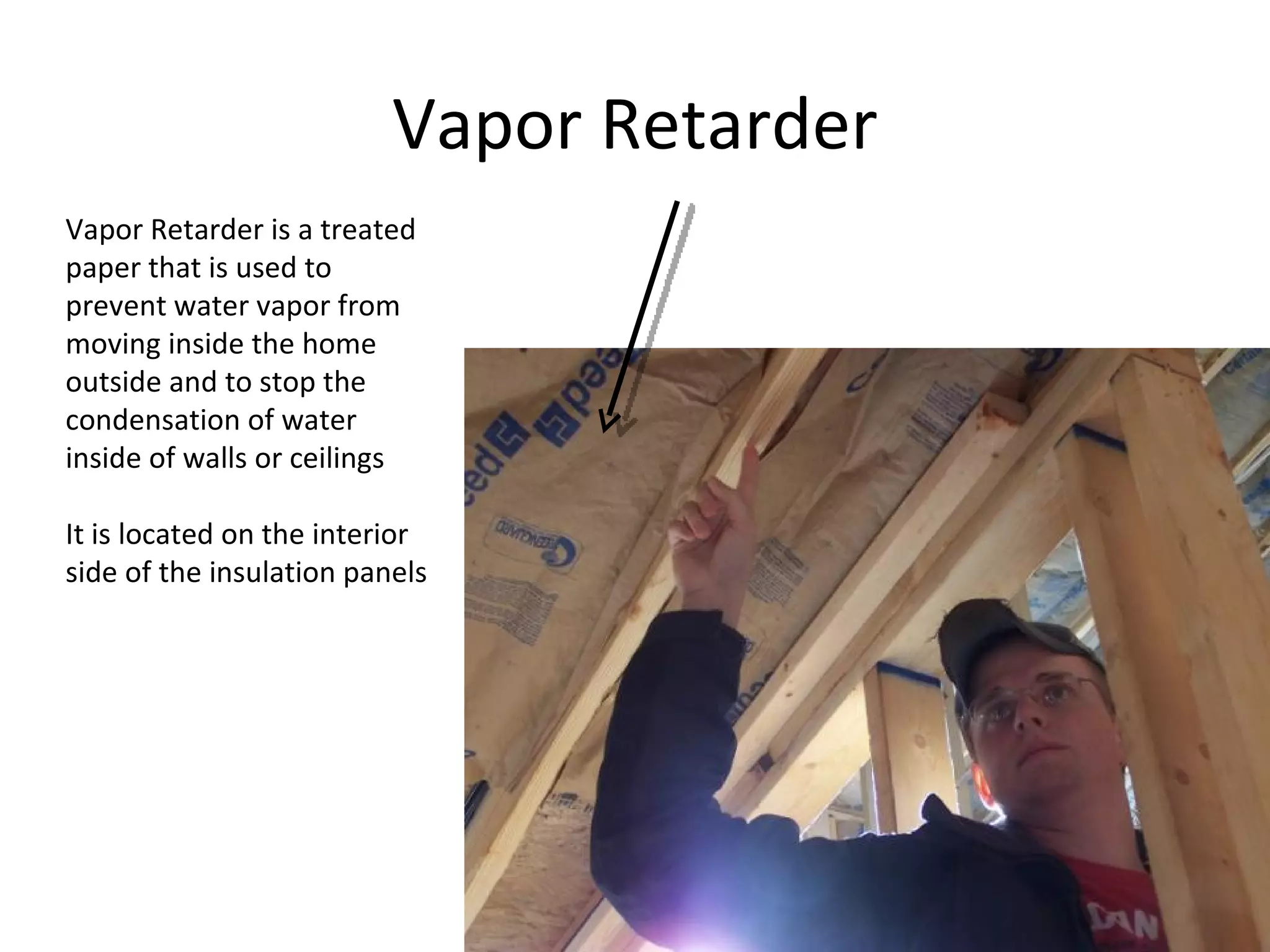 Vapor Retarder Vapor Retarder is a treated paper that is used to prevent water vapor from moving inside the home outside and to stop the condensation of water inside of walls or ceilings It is located on the interior side of the insulation panels 