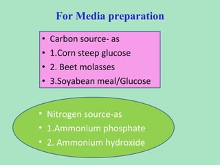 For Media preparation
•
•
•
•

Carbon source- as
1.Corn steep glucose
2. Beet molasses
3.Soyabean meal/Glucose

• Nitrogen source-as
• 1.Ammonium phosphate
• 2. Ammonium hydroxide

 