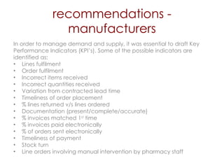 recommendations - manufacturers In order to manage demand and supply, it was essential to draft Key  Performance Indicators (KPI’s). Some of the possible indicators are  identified as: Lines fulfilment  Order fulfilment  Incorrect items received Incorrect quantities received Variation from contracted lead time Timeliness of order placement % lines returned v/s lines ordered Documentation (present/complete/accurate) % invoices matched 1 st  time % invoices paid electronically % of orders sent electronically Timeliness of payment Stock turn Line orders involving manual intervention by pharmacy staff 