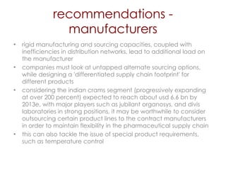 recommendations - manufacturers rigid manufacturing and sourcing capacities, coupled with inefficiencies in distribution networks, lead to additional load on the manufacturer companies must look at untapped alternate sourcing options, while designing a 'differentiated supply chain footprint' for different products considering the indian crams segment (progressively expanding at over 200 percent) expected to reach about usd 6.6 bn by 2013e, with major players such as jubilant organosys, and divis laboratories in strong positions, it may be worthwhile to consider outsourcing certain product lines to the contract manufacturers in order to maintain flexibility in the pharmaceutical supply chain  this can also tackle the issue of special product requirements, such as temperature control 