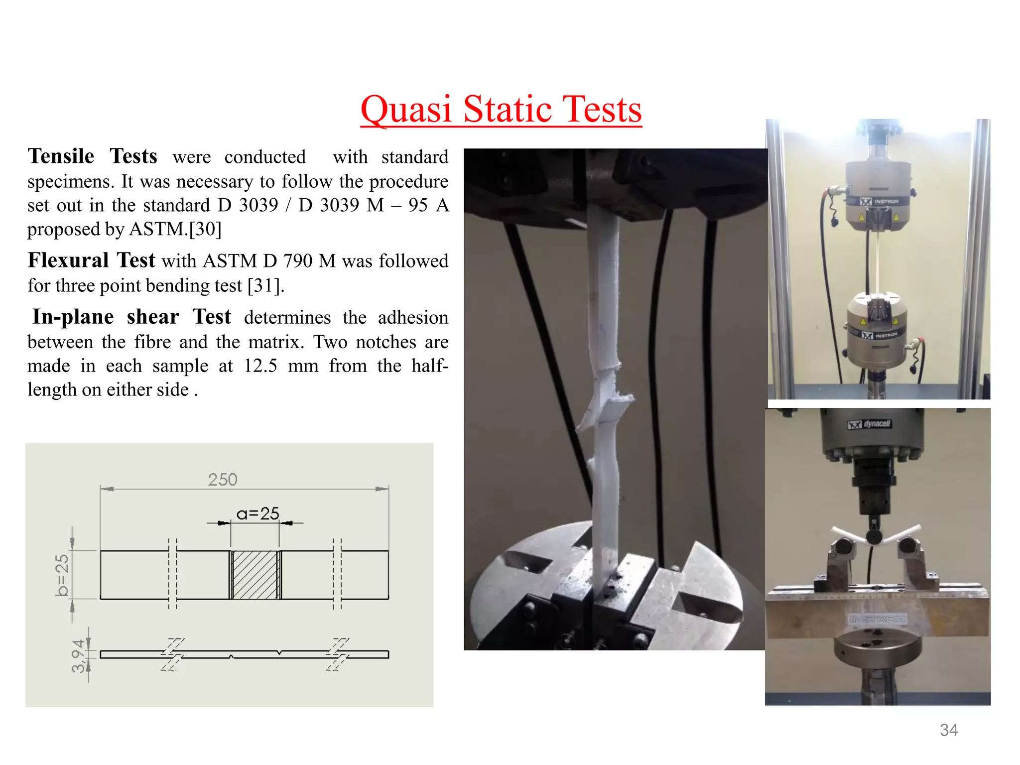 Quasi Static Tests
Tensile Tests were conducted with standard
specimens. It was necessary to follow the procedure
set out in the standard D 3039 / D 3039 M – 95 A
proposed by ASTM.[30]
Flexural Test with ASTM D 790 M was followed
for three point bending test [31].
In-plane shear Test determines the adhesion
between the fibre and the matrix. Two notches are
made in each sample at 12.5 mm from the half-
length on either side .
34
 