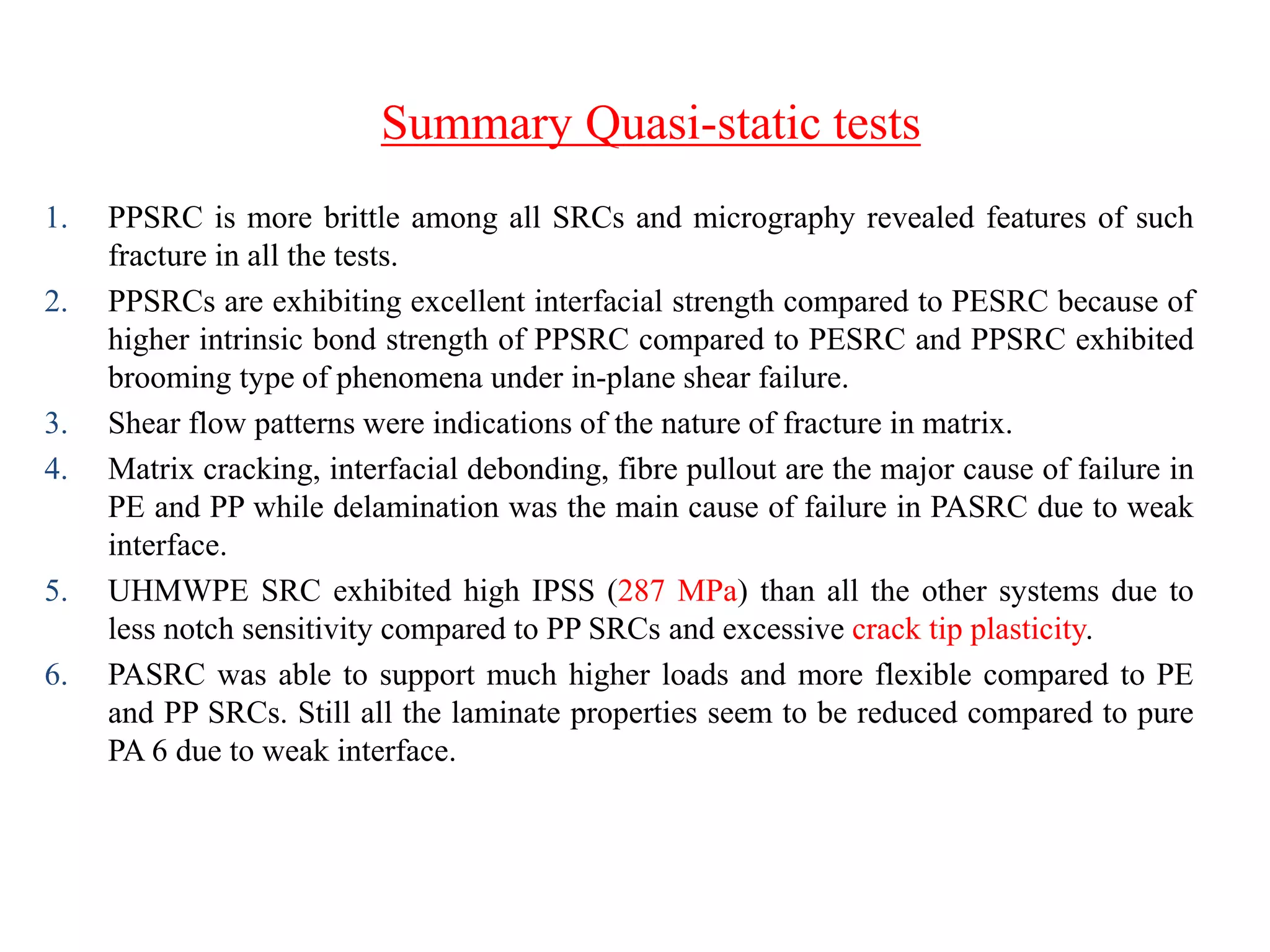 1. PPSRC is more brittle among all SRCs and micrography revealed features of such
fracture in all the tests.
2. PPSRCs are exhibiting excellent interfacial strength compared to PESRC because of
higher intrinsic bond strength of PPSRC compared to PESRC and PPSRC exhibited
brooming type of phenomena under in-plane shear failure.
3. Shear flow patterns were indications of the nature of fracture in matrix.
4. Matrix cracking, interfacial debonding, fibre pullout are the major cause of failure in
PE and PP while delamination was the main cause of failure in PASRC due to weak
interface.
5. UHMWPE SRC exhibited high IPSS (287 MPa) than all the other systems due to
less notch sensitivity compared to PP SRCs and excessive crack tip plasticity.
6. PASRC was able to support much higher loads and more flexible compared to PE
and PP SRCs. Still all the laminate properties seem to be reduced compared to pure
PA 6 due to weak interface.
Summary Quasi-static tests
 