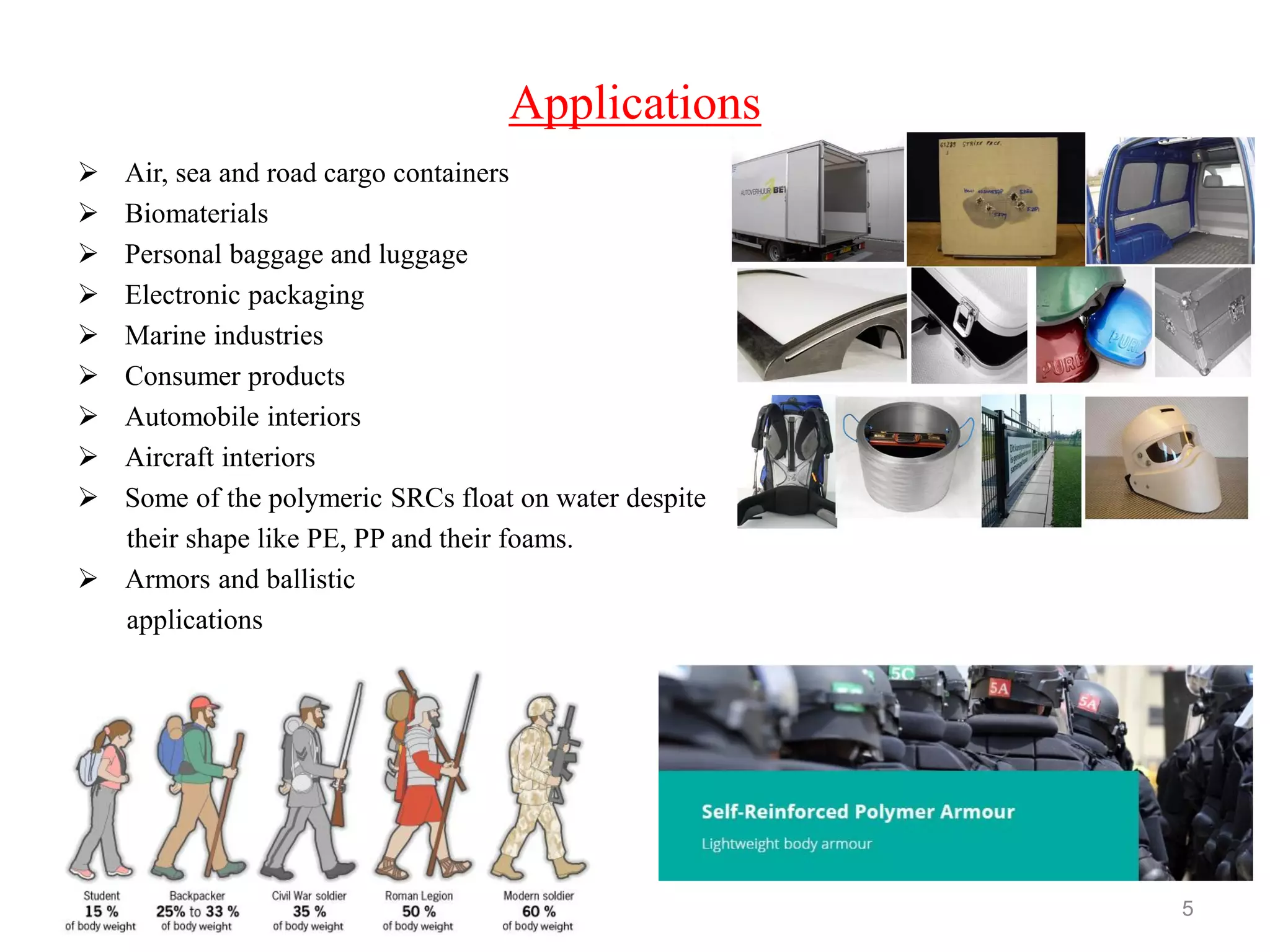 Applications
 Air, sea and road cargo containers
 Biomaterials
 Personal baggage and luggage
 Electronic packaging
 Marine industries
 Consumer products
 Automobile interiors
 Aircraft interiors
 Some of the polymeric SRCs float on water despite
their shape like PE, PP and their foams.
 Armors and ballistic
applications
5
 