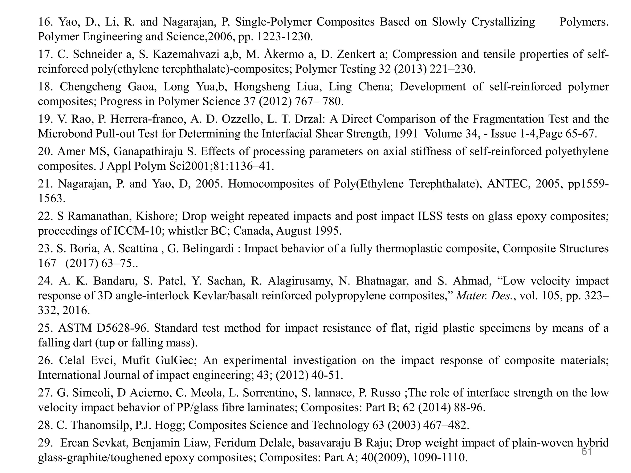 16. Yao, D., Li, R. and Nagarajan, P, Single-Polymer Composites Based on Slowly Crystallizing Polymers.
Polymer Engineering and Science,2006, pp. 1223-1230.
17. C. Schneider a, S. Kazemahvazi a,b, M. Åkermo a, D. Zenkert a; Compression and tensile properties of self-
reinforced poly(ethylene terephthalate)-composites; Polymer Testing 32 (2013) 221–230.
18. Chengcheng Gaoa, Long Yua,b, Hongsheng Liua, Ling Chena; Development of self-reinforced polymer
composites; Progress in Polymer Science 37 (2012) 767– 780.
19. V. Rao, P. Herrera-franco, A. D. Ozzello, L. T. Drzal: A Direct Comparison of the Fragmentation Test and the
Microbond Pull-out Test for Determining the Interfacial Shear Strength, 1991 Volume 34, - Issue 1-4,Page 65-67.
20. Amer MS, Ganapathiraju S. Effects of processing parameters on axial stiffness of self-reinforced polyethylene
composites. J Appl Polym Sci2001;81:1136–41.
21. Nagarajan, P. and Yao, D, 2005. Homocomposites of Poly(Ethylene Terephthalate), ANTEC, 2005, pp1559-
1563.
22. S Ramanathan, Kishore; Drop weight repeated impacts and post impact ILSS tests on glass epoxy composites;
proceedings of ICCM-10; whistler BC; Canada, August 1995.
23. S. Boria, A. Scattina , G. Belingardi : Impact behavior of a fully thermoplastic composite, Composite Structures
167 (2017) 63–75..
24. A. K. Bandaru, S. Patel, Y. Sachan, R. Alagirusamy, N. Bhatnagar, and S. Ahmad, “Low velocity impact
response of 3D angle-interlock Kevlar/basalt reinforced polypropylene composites,” Mater. Des., vol. 105, pp. 323–
332, 2016.
25. ASTM D5628-96. Standard test method for impact resistance of flat, rigid plastic specimens by means of a
falling dart (tup or falling mass).
26. Celal Evci, Mufit GulGec; An experimental investigation on the impact response of composite materials;
International Journal of impact engineering; 43; (2012) 40-51.
27. G. Simeoli, D Acierno, C. Meola, L. Sorrentino, S. lannace, P. Russo ;The role of interface strength on the low
velocity impact behavior of PP/glass fibre laminates; Composites: Part B; 62 (2014) 88-96.
28. C. Thanomsilp, P.J. Hogg; Composites Science and Technology 63 (2003) 467–482.
29. Ercan Sevkat, Benjamin Liaw, Feridum Delale, basavaraju B Raju; Drop weight impact of plain-woven hybrid
glass-graphite/toughened epoxy composites; Composites: Part A; 40(2009), 1090-1110.
61
 