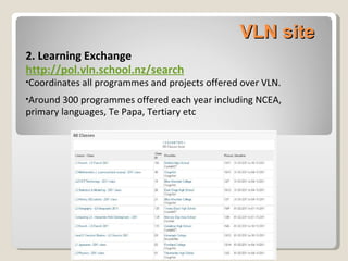 VLN site 2. Learning Exchange http://pol.vln.school.nz/search   Coordinates all programmes and projects offered over VLN.  Around 300 programmes offered each year including NCEA, primary languages, Te Papa, Tertiary etc 