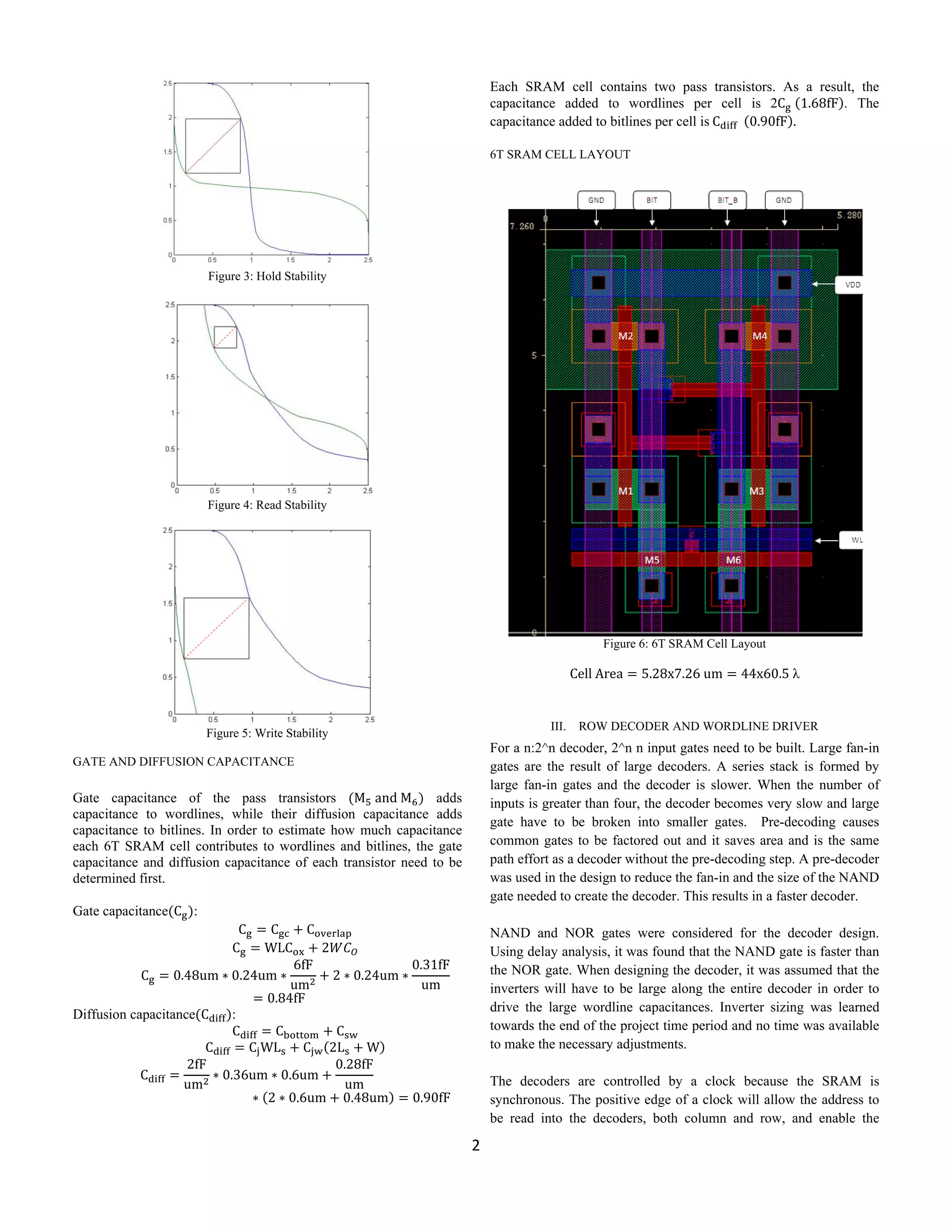 2 
 
 
Figure 3: Hold Stability
 
 
Figure 4: Read Stability
 
Figure 5: Write Stability
GATE AND DIFFUSION CAPACITANCE
Gate capacitance of the pass transistors M and M adds
capacitance to wordlines, while their diffusion capacitance adds
capacitance to bitlines. In order to estimate how much capacitance
each 6T SRAM cell contributes to wordlines and bitlines, the gate
capacitance and diffusion capacitance of each transistor need to be
determined first.
Gate capacitance C :
C C C
C WLC 2  
C 0.48um 0.24um
6fF
um
2 0.24um
0.31fF
um
0.84fF 
Diffusion capacitance C :
C C C  
C C WL C 2L W  
C
2fF
um
0.36um 0.6um
0.28fF
um
2 0.6um 0.48um 0.90fF 
Each SRAM cell contains two pass transistors. As a result, the
capacitance added to wordlines per cell is 2C 1.68fF . The
capacitance added to bitlines per cell is C 0.90fF .
6T SRAM CELL LAYOUT
Figure 6: 6T SRAM Cell Layout
Cell Area 5.28x7.26 um 44x60.5 λ
 
III. ROW DECODER AND WORDLINE DRIVER
For a n:2^n decoder, 2^n n input gates need to be built. Large fan-in
gates are the result of large decoders. A series stack is formed by
large fan-in gates and the decoder is slower. When the number of
inputs is greater than four, the decoder becomes very slow and large
gate have to be broken into smaller gates. Pre-decoding causes
common gates to be factored out and it saves area and is the same
path effort as a decoder without the pre-decoding step. A pre-decoder
was used in the design to reduce the fan-in and the size of the NAND
gate needed to create the decoder. This results in a faster decoder.
NAND and NOR gates were considered for the decoder design.
Using delay analysis, it was found that the NAND gate is faster than
the NOR gate. When designing the decoder, it was assumed that the
inverters will have to be large along the entire decoder in order to
drive the large wordline capacitances. Inverter sizing was learned
towards the end of the project time period and no time was available
to make the necessary adjustments.
The decoders are controlled by a clock because the SRAM is
synchronous. The positive edge of a clock will allow the address to
be read into the decoders, both column and row, and enable the
 