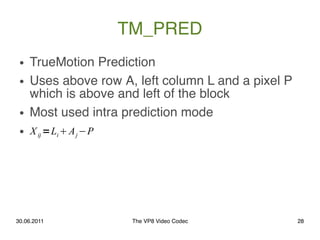TM_PRED
 ●   TrueMotion Prediction
 ●   Uses above row A, left column L and a pixel P
     which is above and left of the ...