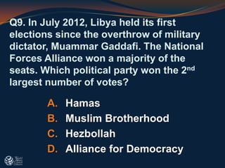 Q9. In July 2012, Libya held its first
elections since the overthrow of military
dictator, Muammar Gaddafi. The National
Forces Alliance won a majority of the
seats. Which political party won the 2nd
largest number of votes?
A. Hamas
B. Muslim Brotherhood
C. Hezbollah
D. Alliance for Democracy
 