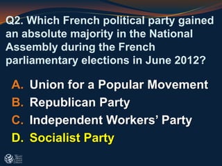 A. Union for a Popular Movement
B. Republican Party
C. Independent Workers’ Party
D. Socialist Party
Q2. Which French political party gained
an absolute majority in the National
Assembly during the French
parliamentary elections in June 2012?
 