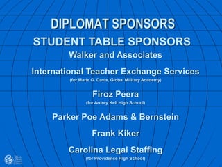 DIPLOMAT SPONSORS
STUDENT TABLE SPONSORS
Walker and Associates
International Teacher Exchange Services
(for Marie G. Davis, Global Military Academy)
Firoz Peera
(for Ardrey Kell High School)
Parker Poe Adams & Bernstein
Frank Kiker
Carolina Legal Staffing
(for Providence High School)
 