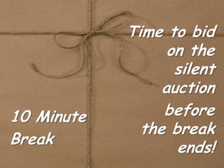 15-Minute Break
10 Minute
Break
Time to bid
on the
silent
auction
before
the break
ends!
 