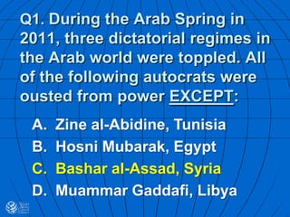 Q1. During the Arab Spring in
2011, three dictatorial regimes in
the Arab world were toppled. All
of the following autocrats were
ousted from power EXCEPT:
A. Zine al-Abidine, Tunisia
B. Hosni Mubarak, Egypt
C. Bashar al-Assad, Syria
D. Muammar Gaddafi, Libya
 