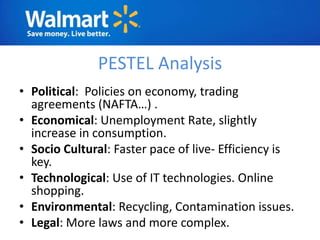 PESTEL Analysis
• Political: Policies on economy, trading
  agreements (NAFTA…) .
• Economical: Unemployment Rate, slightly
  increase in consumption.
• Socio Cultural: Faster pace of live- Efficiency is
  key.
• Technological: Use of IT technologies. Online
  shopping.
• Environmental: Recycling, Contamination issues.
• Legal: More laws and more complex.
 