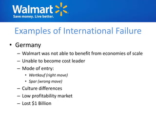 Examples of International Failure
• Germany
  – Walmart was not able to benefit from economies of scale
  – Unable to become cost leader
  – Mode of entry:
     • Wertkauf (right move)
     • Spar (wrong move)
  – Culture differences
  – Low profitability market
  – Lost $1 Billion
 
