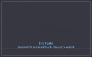 MAD	  RIVER
                   THE TEAM:
angela barros-semler, michael b. ecker, carrie wernick


                                                         3
 