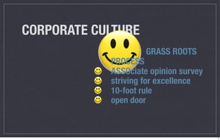 CORPORATE CULTURE
                     GRASS ROOTS
            PROCESS
            ASSOciate opinion survey
            striving for excellence
            10-foot rule
            open door



                                       6
 