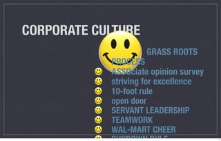 CORPORATE CULTURE
                     GRASS ROOTS
            PROCESS
            ASSOciate opinion survey
            striving for excellence
            10-foot rule
            open door
            SERVANT LEADERSHIP
            TEAMWORK
            WAL-MART CHEER
                                       6
 