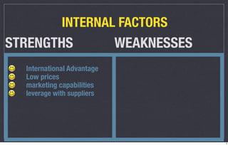INTERNAL FACTORS
STRENGTHS                   WEAKNESSES
  International Advantage
  Low prices
  marketing capabilities
  leverage with suppliers




                                         9
 