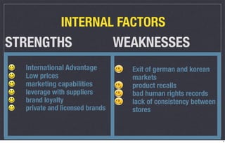 INTERNAL FACTORS
STRENGTHS                       WEAKNESSES
  International Advantage         Exit of german and korean
  Low prices                      markets
  marketing capabilities          product recalls
  leverage with suppliers         bad human rights records
  brand loyalty                   lack of consistency between
  private and licensed brands     stores



                                                                9
 