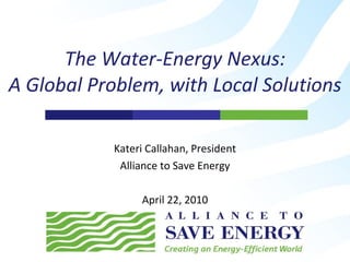 Kateri Callahan, President Alliance to Save Energy April 22, 2010 The Water-Energy Nexus: A Global Problem, with Local Solutions 