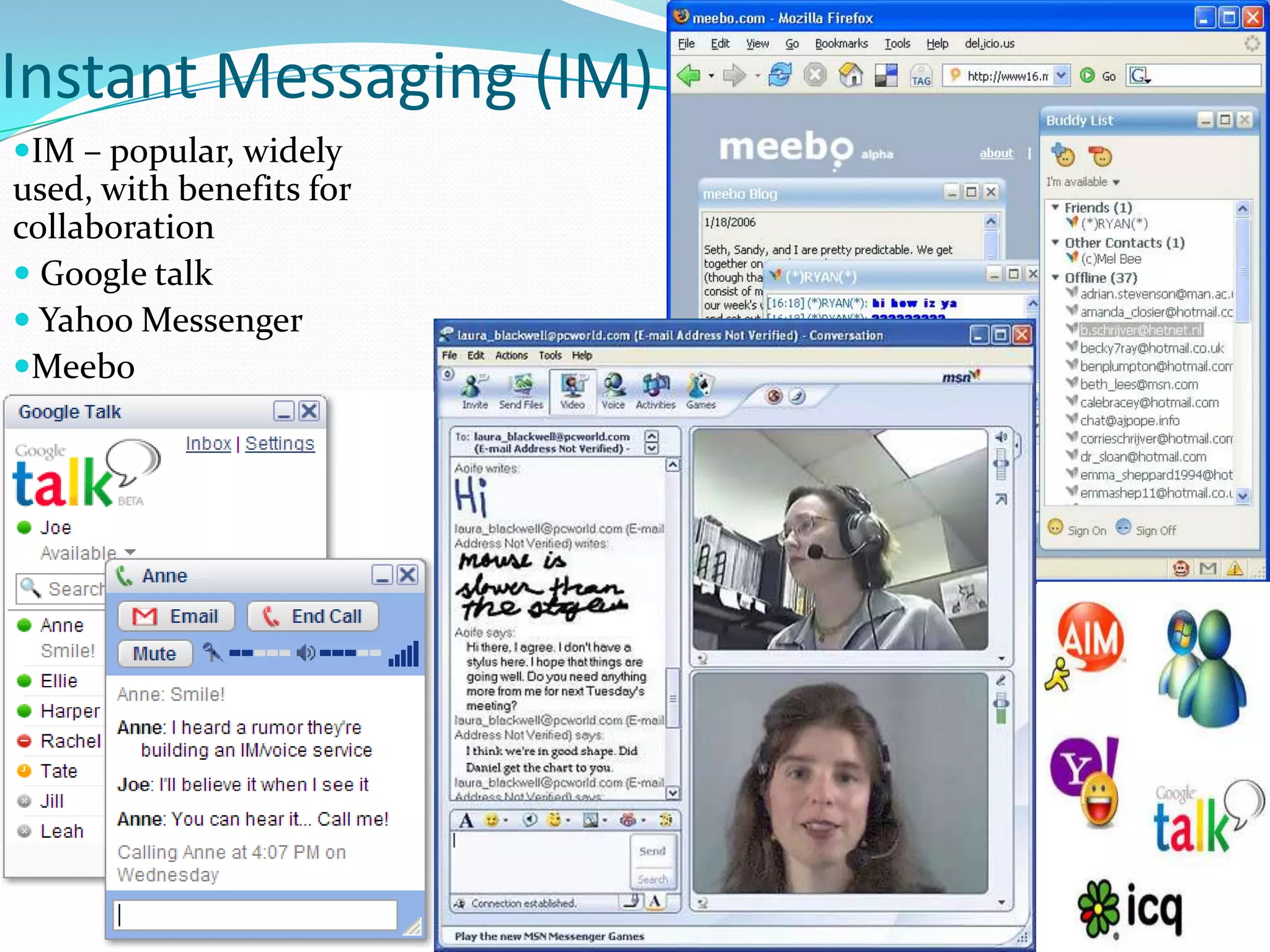 Instant Messaging (IM) IM – popular, widely used, with benefits for collaboration Google talk Yahoo MessengerMeebo