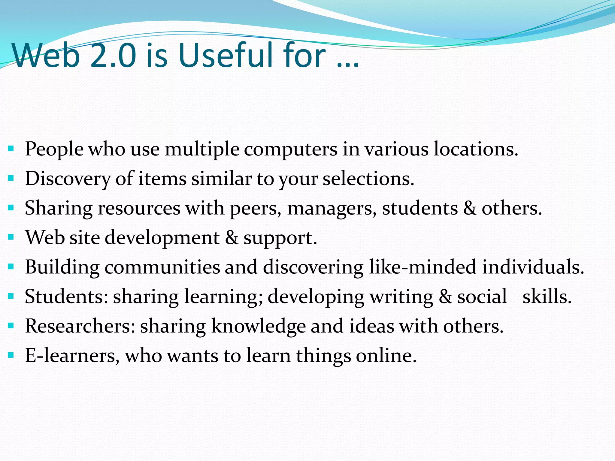 Library 2.0 DefinitionsUsability, interoperability, flexibilityCommunity building – online and physicalOutreach via blogs, wikis, etcUser participationMore transparentMore human friendly and user centeredConcepts and technologies of Web 2.0 applied to the library services and collections.