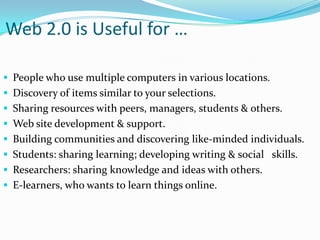 Library 2.0 DefinitionsUsability, interoperability, flexibilityCommunity building – online and physicalOutreach via blogs, wikis, etcUser participationMore transparentMore human friendly and user centeredConcepts and technologies of Web 2.0 applied to the library services and collections.