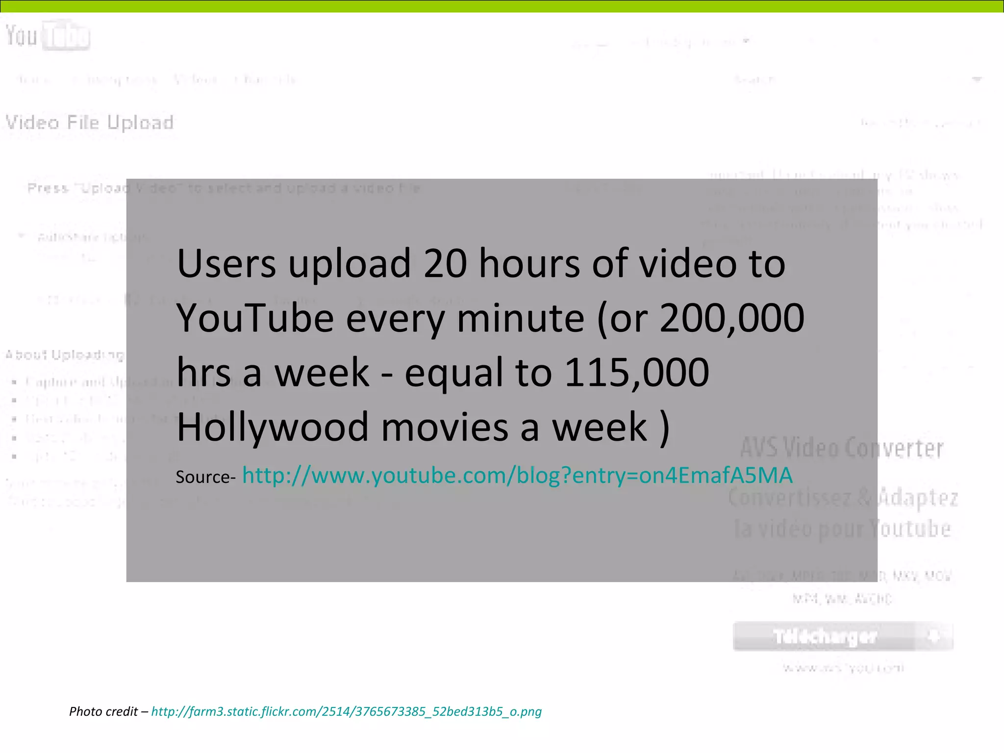 Users upload 20 hours of video to YouTube every minute (or 200,000 hrs a week - equal to 115,000 Hollywood movies a week ) Source-   http:// www.youtube.com/blog?entry =on4EmafA5MA   Photo credit –  http://farm3.static.flickr.com/2514/3765673385_52bed313b5_o.png 