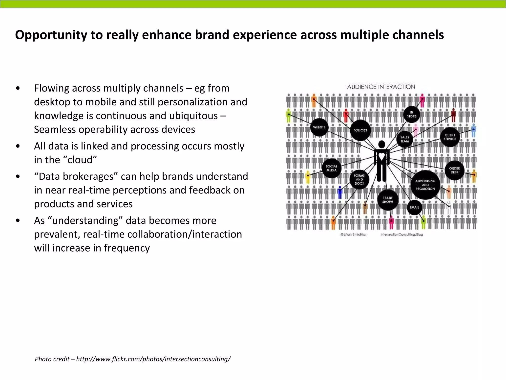 Opportunity to really enhance brand experience across multiple channels Flowing across multiply channels – eg from desktop to mobile and still personalization and knowledge is continuous and ubiquitous – Seamless operability across devices All data is linked and processing occurs mostly in the “cloud” “ Data brokerages” can help brands understand in near real-time perceptions and feedback on products and services As “understanding” data becomes more prevalent, real-time collaboration/interaction will increase in frequency Photo credit – http://www.flickr.com/photos/intersectionconsulting/ 