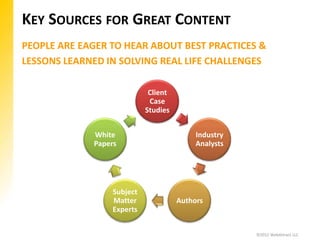 KEY SOURCES FOR GREAT CONTENT
PEOPLE ARE EAGER TO HEAR ABOUT BEST PRACTICES &
LESSONS LEARNED IN SOLVING REAL LIFE CHALLENGES

                             Client
                             Case
                            Studies


             White                         Industry
             Papers                        Analysts




                  Subject
                  Matter              Authors
                  Experts


                                                      ©2012 WebAttract LLC
 