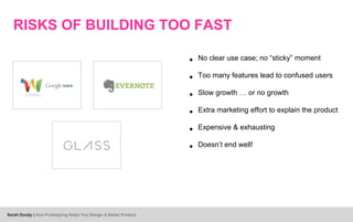 • No clear use case; no “sticky” moment
• Too many features lead to confused users
• Slow growth … or no growth
• Extra marketing effort to explain the product
• Expensive & exhausting
• Doesn’t end well!
RISKS OF BUILDING TOO FAST
Sarah Doody | How Prototyping Helps You Design A Better Product
 