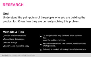 RESEARCH
Goal
Understand the pain-points of the people who you are building the
product for. Know how they are currently solving this problem.
Methods & Tips
•One on one conversations
•Round-table discussions
•Articles & blogs
•Search social media like crazy
● Do it in person so they can tell & show you how
they
solve the problem right now
● Record conversations, take pictures, collect artifacts
where possible.
● If already in market, talk to key internal stakeholders
Sarah Doody | How Prototyping Helps You Design A Better Product
 