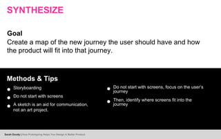 SYNTHESIZE
Goal
Create a map of the new journey the user should have and how
the product will fit into that journey.
Methods & Tips
● Storyboarding
● Do not start with screens
● A sketch is an aid for communication,
not an art project.
● Do not start with screens, focus on the user’s
journey
● Then, identify where screens fit into the
journey
Sarah Doody | How Prototyping Helps You Design A Better Product
 