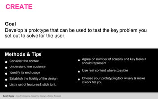 CREATE
Goal
Develop a prototype that can be used to test the key problem you
set out to solve for the user.
Methods & Tips
● Consider the context
● Understand the audience
● Identify its end usage
● Establish the fidelity of the design
● List a set of features & stick to it.
● Agree on number of screens and key tasks it
should represent
● Use real content where possible
● Choose your prototyping tool wisely & make
it work for you
Sarah Doody | How Prototyping Helps You Design A Better Product
 