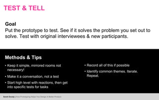TEST & TELL
Goal
Put the prototype to test. See if it solves the problem you set out to
solve. Test with original interviewees & new participants.
Methods & Tips
• Keep it simple, mirrored rooms not
necessary!
• Make it a conversation, not a test
• Start high level with reactions, then get
into specific tests for tasks
• Record all of this if possible
• Identify common themes. Iterate.
Repeat.
Sarah Doody | How Prototyping Helps You Design A Better Product
 