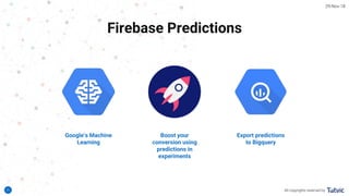 15
Firebase Predictions
Google’s Machine
Learning
Boost your
conversion using
predictions in
experiments
Export predictions
to Bigquery