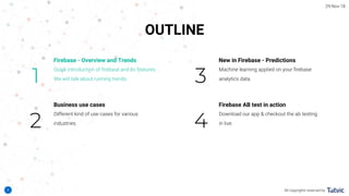 3
OUTLINE
New in Firebase - Predictions
Firebase AB test in action
4
3
Firebase - Overview and Trends
Business use cases
2
1