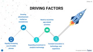 7
Growing
advertisement
market on
smartphones
Constant innovation in
technology, user
experience
Need to record the
app related
activities
Rapidly increasing
use of mobile
phones
Expanding investment in
analytics technology
DRIVING FACTORS