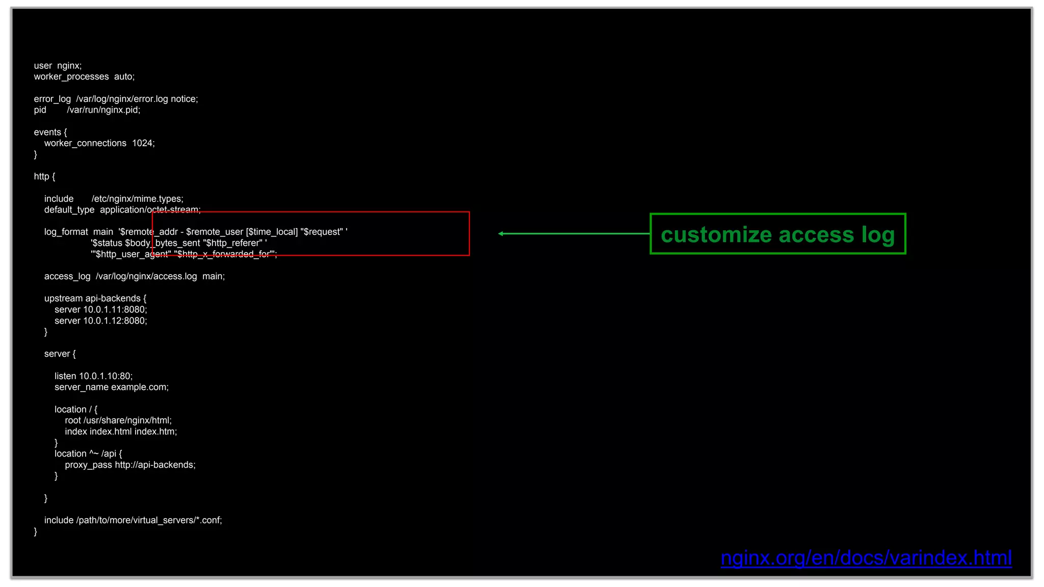 13
user nginx;
worker_processes auto;
error_log /var/log/nginx/error.log notice;
pid /var/run/nginx.pid;
events {
worker_connections 1024;
}
http {
include /etc/nginx/mime.types;
default_type application/octet-stream;
log_format main '$remote_addr - $remote_user [$time_local] "$request" '
'$status $body_bytes_sent "$http_referer" '
'"$http_user_agent" "$http_x_forwarded_for"';
access_log /var/log/nginx/access.log main;
upstream api-backends {
server 10.0.1.11:8080;
server 10.0.1.12:8080;
}
server {
listen 10.0.1.10:80;
server_name example.com;
location / {
root /usr/share/nginx/html;
index index.html index.htm;
}
location ^~ /api {
proxy_pass http://api-backends;
}
}
include /path/to/more/virtual_servers/*.conf;
}
nginx.org/en/docs/varindex.html
customize access log
 